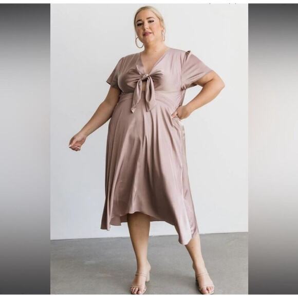 Baltic Born Poppy Satin Midi Dress Plus Sz 3XL Pink Taupe Tie Front - Picture 1 of 7